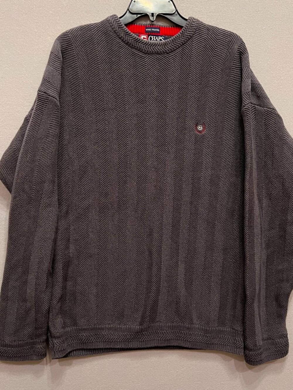 Chaps Ralph Lauren Sweater Mens L Gray Vintage Ribbed Heavy Knit Hand Framed